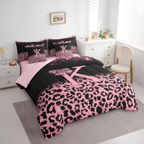 Image of Feelyou Pink Leopard Bow Comforter Set King Size 7 Pieces Initial Letter K Bedding Set for Kids Boys Girls Girly Bowknot Bed in a Bag with Comforter, Sheets, Pillowcases, Cushion Covers Bedroom Decor