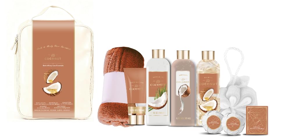 BODY & EARTH Prezenty dla kobiet, 10-częściowy, kokosowa czapka do kąpieli, żel pod prysznic, sól do ciała, SPA, prezent urodzinowy dla kobiet, prezent dla mamy, przyjaciółki, na Dzień Matki