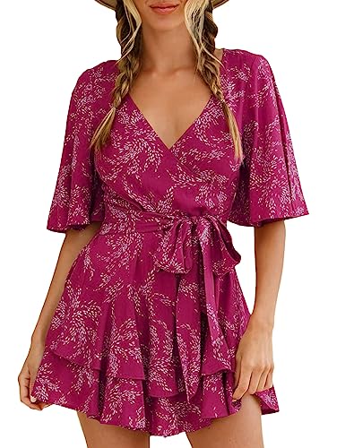 AIMCOO Womens Summer Short Flared Sleeve Romper V Neck Floral Pri...