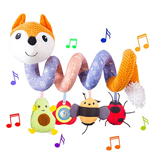 Image of HILENBO Car Seat Toys, Infant Baby Orange Fox Spiral Plush Activity Hanging Toys for Car Seat Stroller Bar Crib Bassinet Mobile with Music Box BB Squeaker and Rattles（Orange）