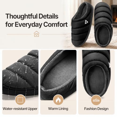 Image of ATHMILE Slippers for Men Water-Resistant Quilted Puffer Upper Memory Foam Slippers Non Slip Indoor Outdoor House Shoes Cozy Slip on Slippers for Home Bedroom Travel Camping Gift
