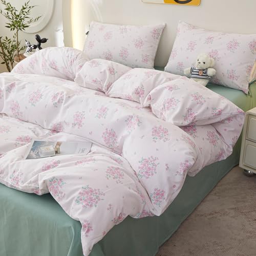 Image of LifeTB Aesthetic Floral Comforter Set Queen, 3 Pieces Pink White Cottagecore Comforter Floral Bedding Set, Lightweight Vintage Botanical Flowers Comforter with 2 Bow Ties Pillowcases for Girls Women