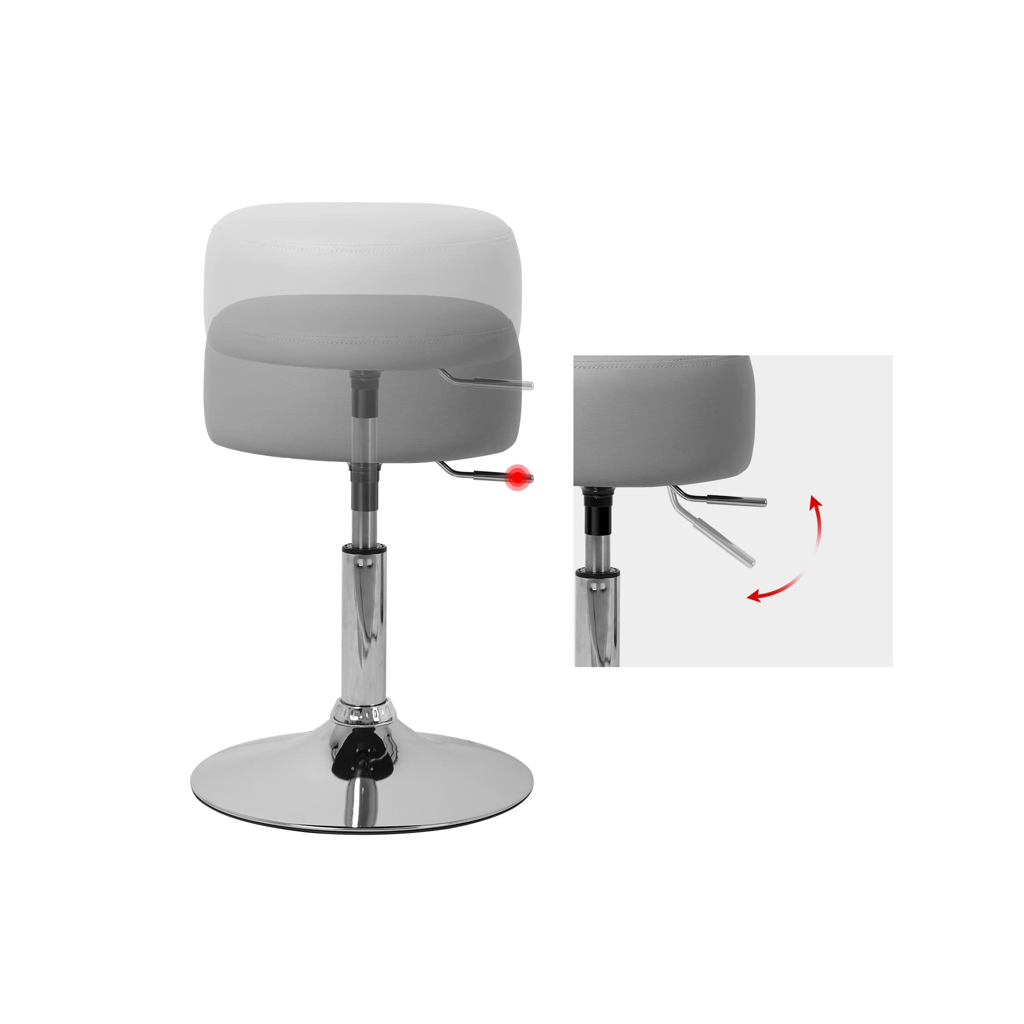 ML-Design Taburete de Maquillaje Acero Cromado Gris Claro Asiento Redondo Ø 33cm Tocador Silla Giratoria Regulable en Altura 52-65cm Mueble Make Up Tapizado Ergonómico con Funda de Imitación Polipiel