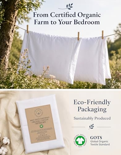 Image of 100% Organic Cotton Queen Fitted Sheet, 3-Piece Set (1 Fitted Sheet, 2 Pillowcases), Percale Weave, Cotton Fitted Sheet, Ultra Soft, Breathable, GOTS Certified, Fits Mattress Upto 15 inch Deep - White