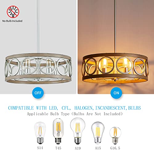 Xingqi 21.7'' Modern Farmhouse Chandelier, Drum Ceiling Light Fixture For Living Dining Room Over Table, 5 Lights Antique Wood Grain Brushed Nickel With Round Metal thumb #4
