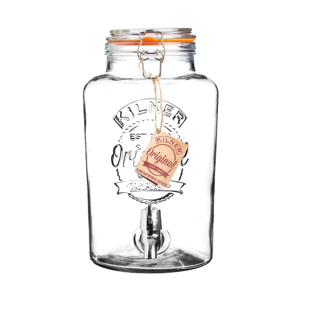 KILNER ROUND Getränkespender mit Zapfhahn | 8 Liter, H: 32 Ø 18 cm | Bügelverschlusses aus Edelstahl | Hochwertiger, tropfsicherer Getränkespender Zapfhahn | Einfaches Nachfüllen | Getränkefass, Glas mit Edelstahl-Bügelverschluss, für Partys und Alltag, s