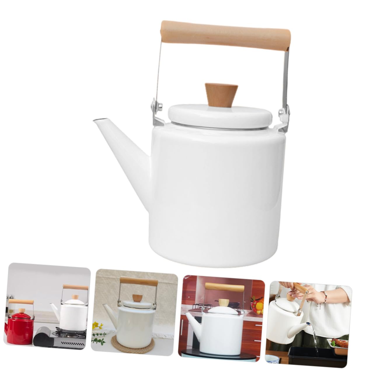 Tetera Esmaltada de 2,4 L Mango de Madera, Color Blanco
