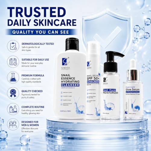 Image of Snail Mucin Skincare Kit - Face Cleanser, Snail Mucin Glow Serum, Moisturizer & SPF 50+ Sunscreen | Korean Skin Care Routine Kit for Glowing Skin | Daily Hydrating Skin Care Set for Men & Women