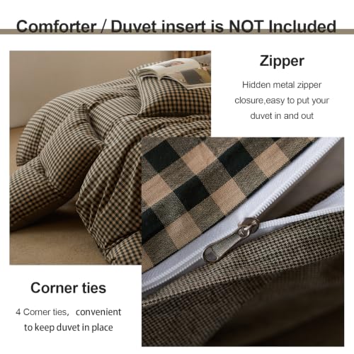 Image of EAVD Vintage Style Plaid Duvet Cover Set Full Soft 100% Washed Cotton Retro Black&Beige Grid Checkered Bedding Set with 2 Pillowcases Neutral Gingham Plaid Comforter Cover with Zipper Closure