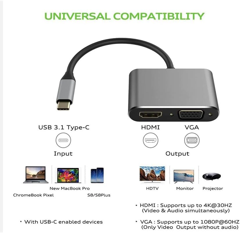 USB-C to HDMI and VGA Adapter, 4K Ultra HD Type-C Converter, Compatible with MacBook Pro, ChromeBook, Samsung S8