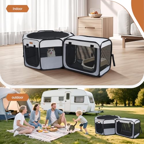 Lekespring Welpenauslauf Faltbar - 120x40 cm Tragbarer 2-in-1 Welpenauslauf & Katzenlaufstall für Innen & Außen, Laufstall Hund mit Tragetasche für für Katzen, Welpen und Kleintiere, Separat Nutzbar