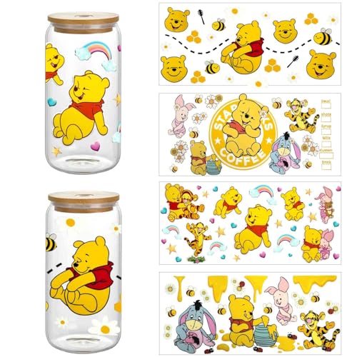 4PCS UV DTF Cup Wraps Waterproof Tumbler Decal Stickers for 16OZ Glass Cups DIY Heat Transfer Vinyl Stickers for Cups (Color 1)