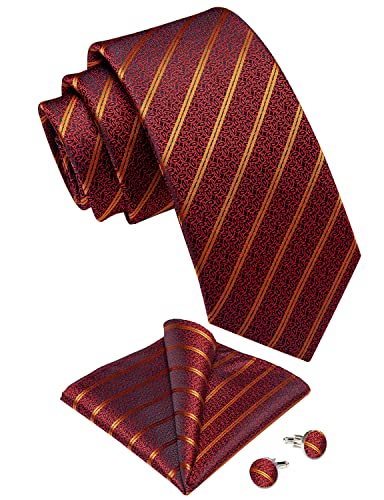 Image of DiBanGu Striped Tie Set for Men Silk Woven Plaid Necktie and Pocket Square Cufflinks Business Wedding
