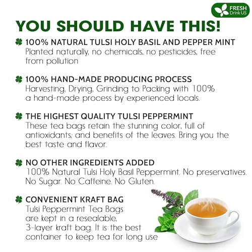 Image of FreshDrinkUS, Premium Tulsi Peppermint Herbal Tea - 135 Tea Bags, 100% Natural, Blend of Tulsi Holy Basil Leaves, and Peppermint Leaves. Made with Natural Material Tea Bags. No Sugar, Vegan.