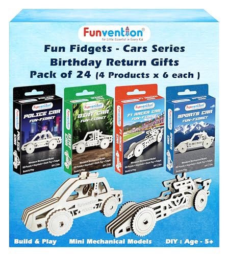 Image of Funvention Birthday Return Gifts (Pack of 24) Fun Fidgets - Cars Series | DIY Mini Mechanical Models 3D Puzzle Return Favours for Kids Birthday Party 5+ Years Made in India Toys Return Gift, Silver