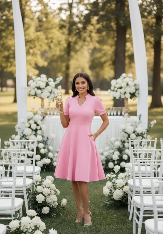 Womens Casual Summer Dresses Short Puff Sleeve V Neck A Line Wedding Guest Midi Dresses with Pockets - Image 2