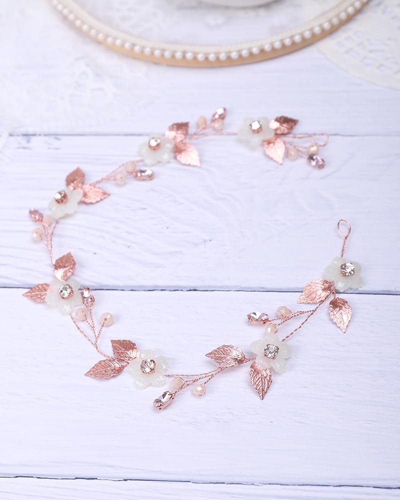 Haarband mit rosegoldenem Blatt und weißer Blume, für Hochzeit, Braut, Brautjungfer, handgefertigtes Stirnband, Haar-Accessoires