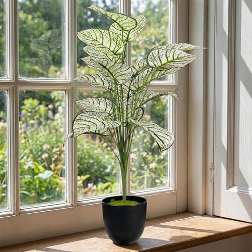 Image of Dekorly Artificial Palm Tree - Large Fake Tropical Floor Plant, Realistic Plastic Greenery for Indoor Home, Office, Living Room & Corner Decor (Dieffenbachia White)