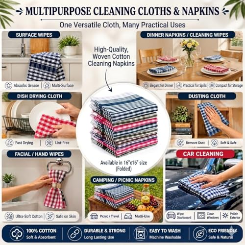 Image of Premium Home Pack of 12 Cotton Kitchen Cloth /Napkins | Fridge, Table, Kitchen Platform Cleaning & Roti Napkins | 16x16 Inches | Multicolor | Cotton, Absorbent, Reusable, Kitchen Cloth