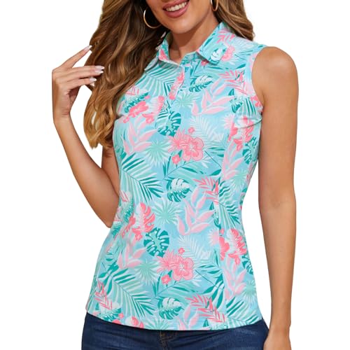 Casei Women'S Sleeveless Golf Polo Shirts Upf 50+ Quick Dry Collared Polo Shirts Athletic Tank Tops Shirts,Green Tropical Print S cover