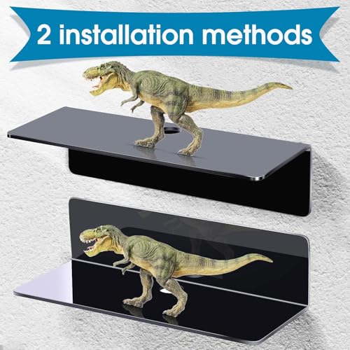 Image of Acrylic Wall Shelf, Black, 22.9 cm Shelf, No Drilling, Self-Adhesive Shelves with Cable Clips for Expanding Wall Space, Storage and Decoration, for Kitchen, Living Room, Pack of 6