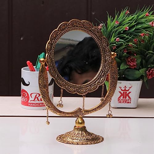 Image of KridayKraft Gold Plated Beautifully Carved Table Mirror for Makeup Metal Salon Mirror Antique Decorative Table Mirror for Decoration & Gifting Purpose, Round, Tabletop