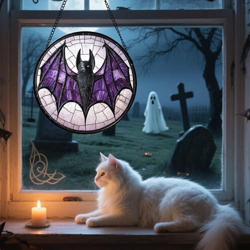 Image of Stained Glass Window Hanging - Halloween Black Bat Purple Wings Monster Suncatcher for Doors Garden Home Spooky Sun Catchers Gothic Decor Horror Gift for Women Men Friend Boy Girl 6.3 in