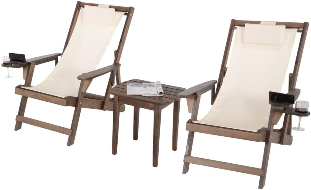 Romantic Collection Canvas Sling Chairs with Cup and Wine Holder and end Table
