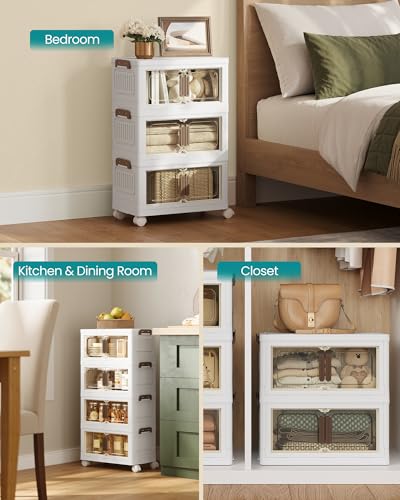 Image of SONGMICS 26QT Plastic Storage Bins with 1 Lid, 4-Tier Stackable Bins with Doors and Wheels, Foldable Storage Boxes, for Closets, Bedroom, Living Room, Office, White URLB445WZ01