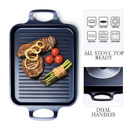 S·KITCHN Grill Pan Griddle Grill with Dual handles, Stove Top Grill Induction Griddle, Square Indoor Grilling Pan