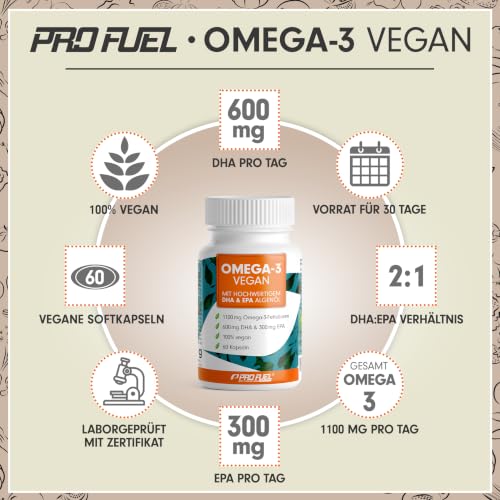 Foto von Omega-3 vegan Kapseln 60x - 2000 mg Algenöl pro Tag - hochdosiert: 600 mg DHA + 300 mg EPA - hochwertige Omega-3 Algenöl Kapseln mit DHA & EPA (2:1)