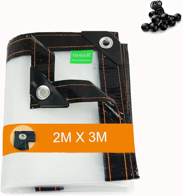 BeGrit Waterproof Clear Tarpaulin 2M X 3M Heavy Duty Transparent Tarpaulin Rainproof Reinforced Clear Tarp Cover with Eyelets for Garden Outdoor Camping Balcony Chicken Run Hutch Roof Cover