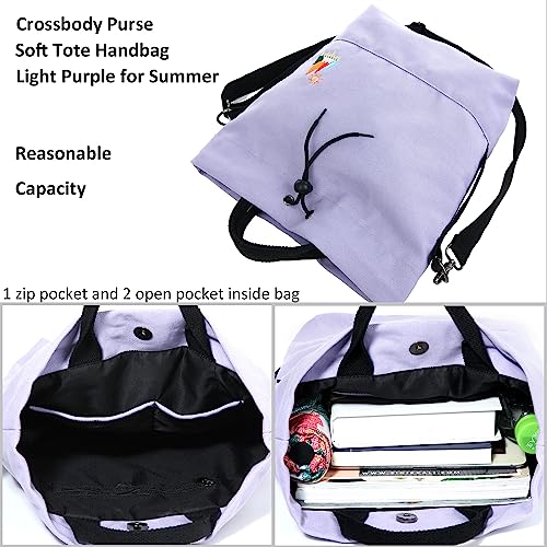 Women Canvas Tote Handbags Casual Shoulder Work Bag Crossbody Bag With Sunshine Embroidery (Light Purple) Medium #TOP4