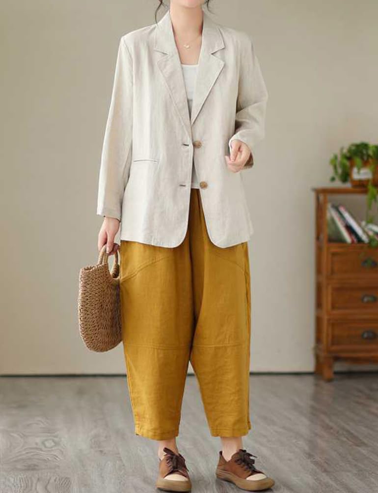 IDEALSANXUN Blazer da donna in cotone e lino, a maniche lunghe, leggero, da lavoro, casual, per la primavera e l'estate