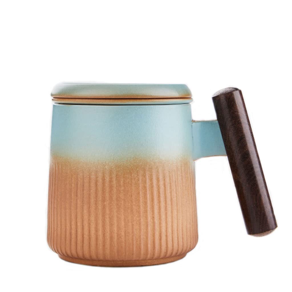 HSQMA Teebecher Mit Deckel, Keramik Teetasse Mit Deckel Porzellan Sieb Becher Aus Steinzeug Für Losen Tee Oder Teebeutel 360ml Keramik Teetasse Mit Holzgriff Schwarz