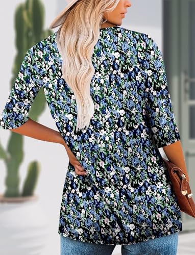 KISSMODA Tunic Tops for Women Loose Fit Dressy Round Neck Pleated 3/4 Length Sleeve Spring Tops