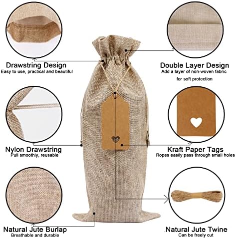12 Pack Jute Wine Bottle Gift Bags, Multipack Burlap Bottle Bag with Tags 35 x15 cm Drawstring Wine Bottle Bags for Christmas Wedding Travel Party Teachers (Wine Red)