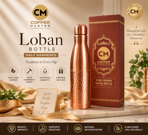 Image of Copper-Master 1 Liter Pure Copper Water Bottle - Loban Bottle Half Hammered Dual Finish, Leakproof Ayurvedic Tamra Jal Vessel for Home, Gym, Yoga & Office (1000ml / 34 oz)