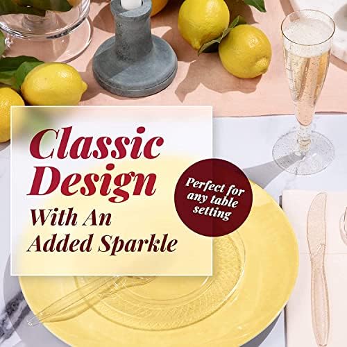 LATERN 60Pcs Plastic Champagne Flutes, 150ml Gold Glitter Champagne Glasses Reusable Stemmed Party Wine Cups for Garden Wedding Anniversary Shower Parties (5 x 17cm)
