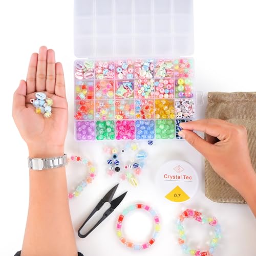 Image of ambitieux DIY Bracelet Making Kit - 24 Colorful Beads, 10m Elastic Thread, Jute Bag, and Cutter - Gift for Girls Birthdays (Double Beads Multicolor)