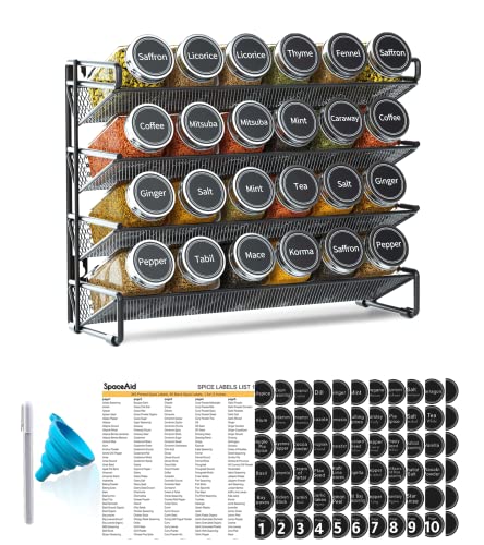 Image of SpaceAid Spice Rack Organizer with 24 Spice Jars, 386 Spice Labels, Chalk Marker and Funnel Set for Cabinet, Countertop, Pantry, Cupboard or Door & Wall Mount -24 Jars, 11.8 inch W x 10.8 inch H, Black