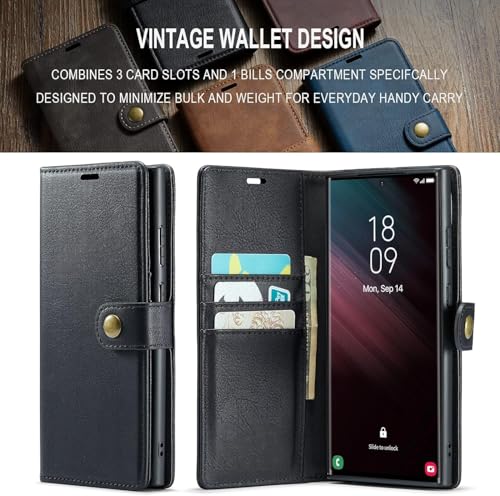 Image of Scalebee BackCover for Samsung Galaxy S23 Ultra Magnetic Detachable 2 in 1 Split Leather Wallet Phone Cover,Genuine Leather Wallet Case,Magnetic Pouch Shell (Black)