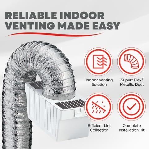 Deflecto Dryer Lint Trap Kit for Electric Dryers, Indoor Venting with 4-Inch Diameter x 5-Foot Supurr-Flex Flexible Metallic Duct, Clamps Included, Easy Installation