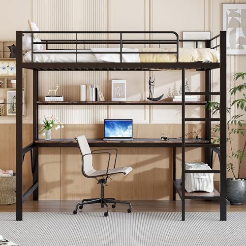 Cama alta de 140 x 200 cm, color negro, con escritorio, cama doble, estable, estantería moderna, loft, cama de metal, estructura para adultos, litera doble (sin colchón)