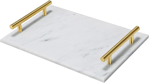 MAOPINER Bandeja decorativa de piedra de mármol con asas de metal de color cobre, bandeja de joyería hecha a mano, bandeja de joyería para