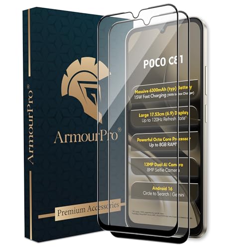 Image of ArmourPro Tempered Glass for Poco C81-9H Anti Scratch Screen Protector, Edge to Edge Coverage, HD Clarity, Smooth Touch, Case Friendly | Black, Pack of 2