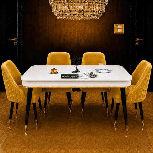 Image of WOODEN SPACE 4 Seater Wooden Dining Table Set | Urban Marble Top Dining Table with Chairs for Dining Room & Kitchen (Modern Infinity Yellow) (54 x 36 x 30 inch)