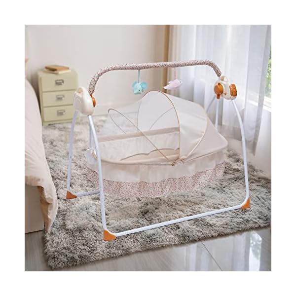 Babywippe, Babyschaukel mit Fernbedienung, Automatischer Schaukelstuhl, fünf Gänge einstellbar, Timer-Funktion, Spielbogen Spielzeugen (Khaki) – Bild 8