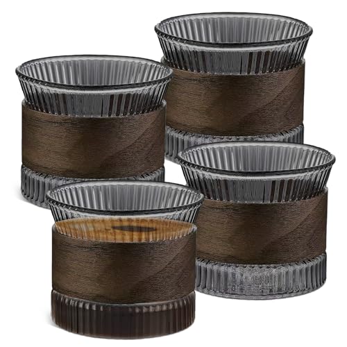 Juego de 4 tazas de café de cristal de 150 ml con funda de madera de nogal, tazas de espresso, tazas de té, tazas de café expreso, vasos de capuchino, juego de tazas para amantes del café
