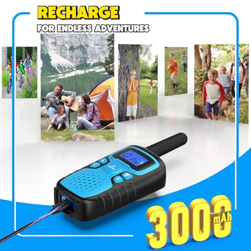 Image of Wishouse Walkie Talkies for Kids Rechargeable Long Range,Xmas Birthday Gift for 4 5 6 7 8 9 Year Old Boys Girls,Hiking Gear Camping Games Cool Toys with NOAA,SOS Siren,Lamp,Lanyards,2 Pack Blue Yellow